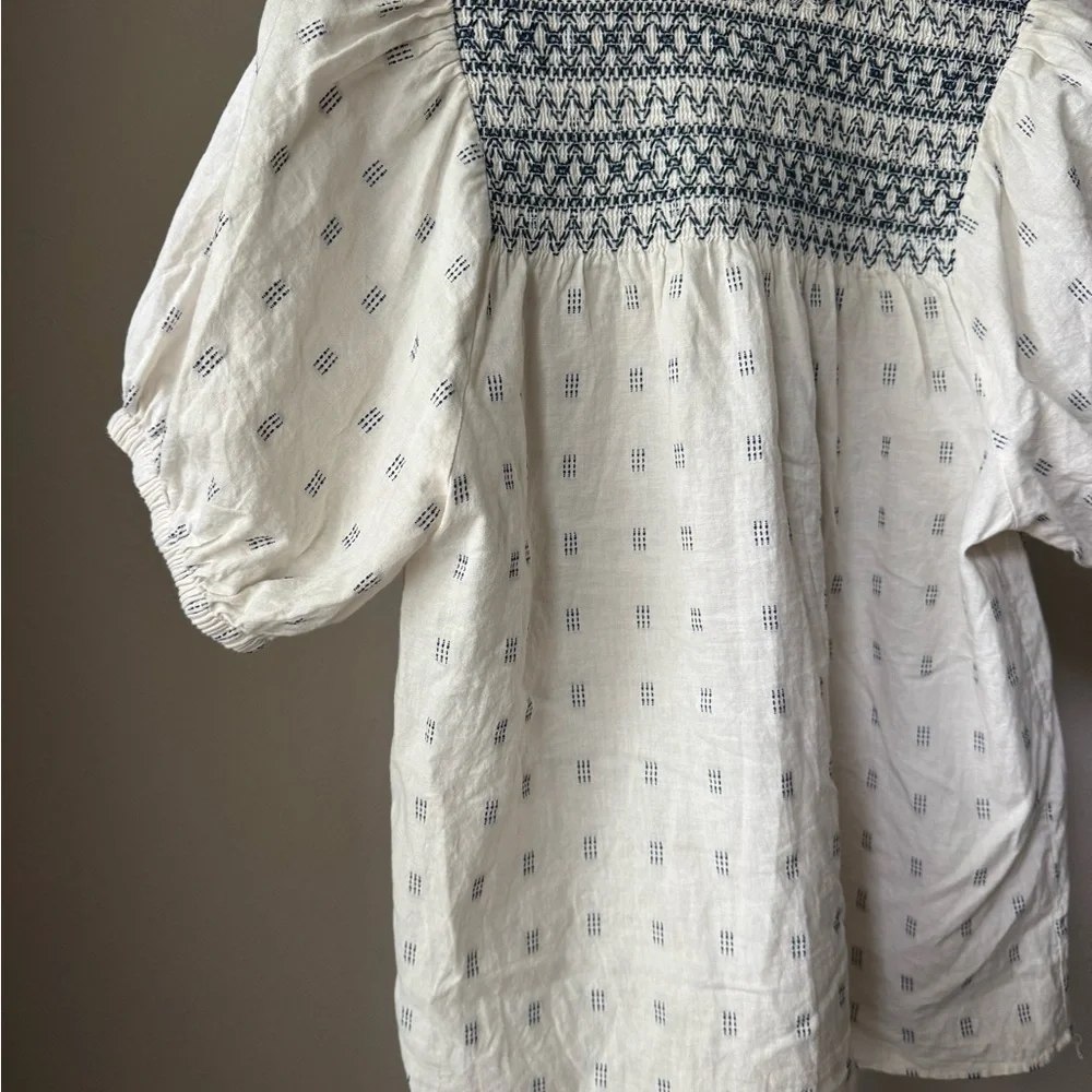 Madewell Cream and Black Textured peasent blouse